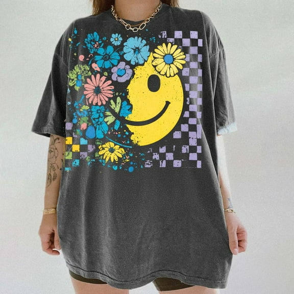 Grunge Floral Smiley Face T-Shirt, Retro Checkerboard Happy Face Tee, Distressed 90s Aesthetic Shirt, Hippie Flower Sublimation Design