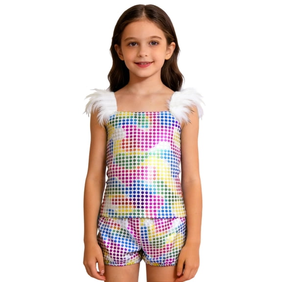 MEZZALL Kids Girls Glam Performance Outfit Square Neckline Sequin Sleeveless Tops And Shorts For Stage Show Party Adorable Children Fashion Clothes Sets