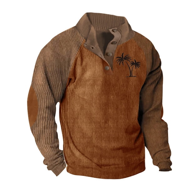 Blusa y camisa de manga larga con cuello alto para hombre, estilo casual, con estampado de palmeras color cacao, deportiva, con cuello alto, botones y patchwork, de poliéster.