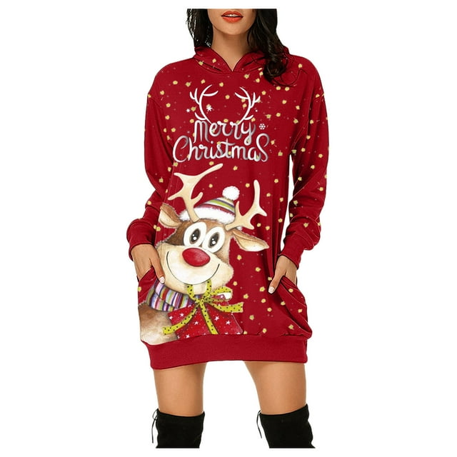 Sweat-shirt de Noël Femmes Chaud Col Rond Capuche Cardigan Veste de Mode Pull de Noël à Manches Longues Pull de Vacances Fermeture à Mi-Longue Outwear