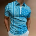 thumbnail image 2 of Light Blue Bandana Men Zipper T-shirt Summer Casual Short Sleeve T-shirt Top, 2 of 7