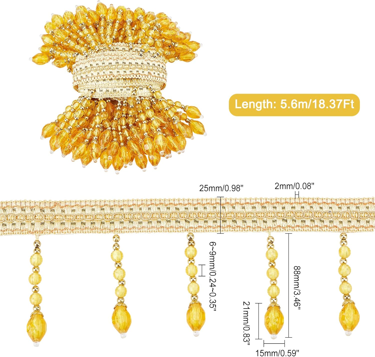 6m Hanging Beads Tassel Trim Fringe Fabric Ribbon Trimming Trim (Gold)