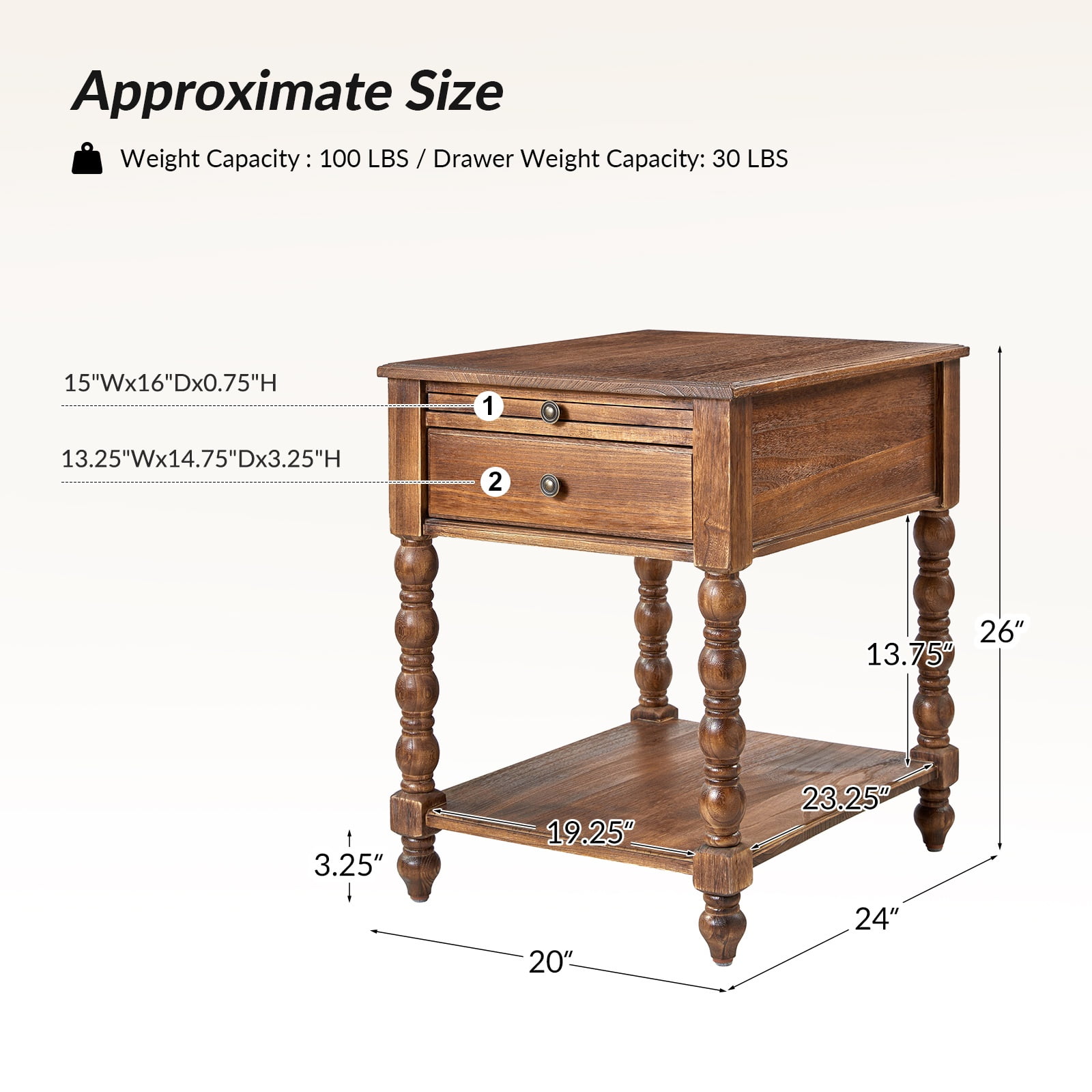 26" Modern End Table Solid Wood Set of 2 with Drawer and Charging Station for Living Room Walnut