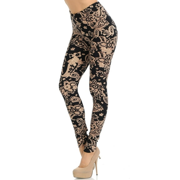 Buttery Soft Sand Pepper Paisley Leggings (One Size Regular,Beige)