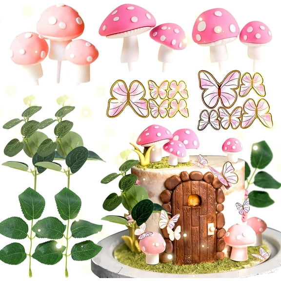 Pink Mushroom House Cake Decoration - Mushroom & Fairy Party Supplies
