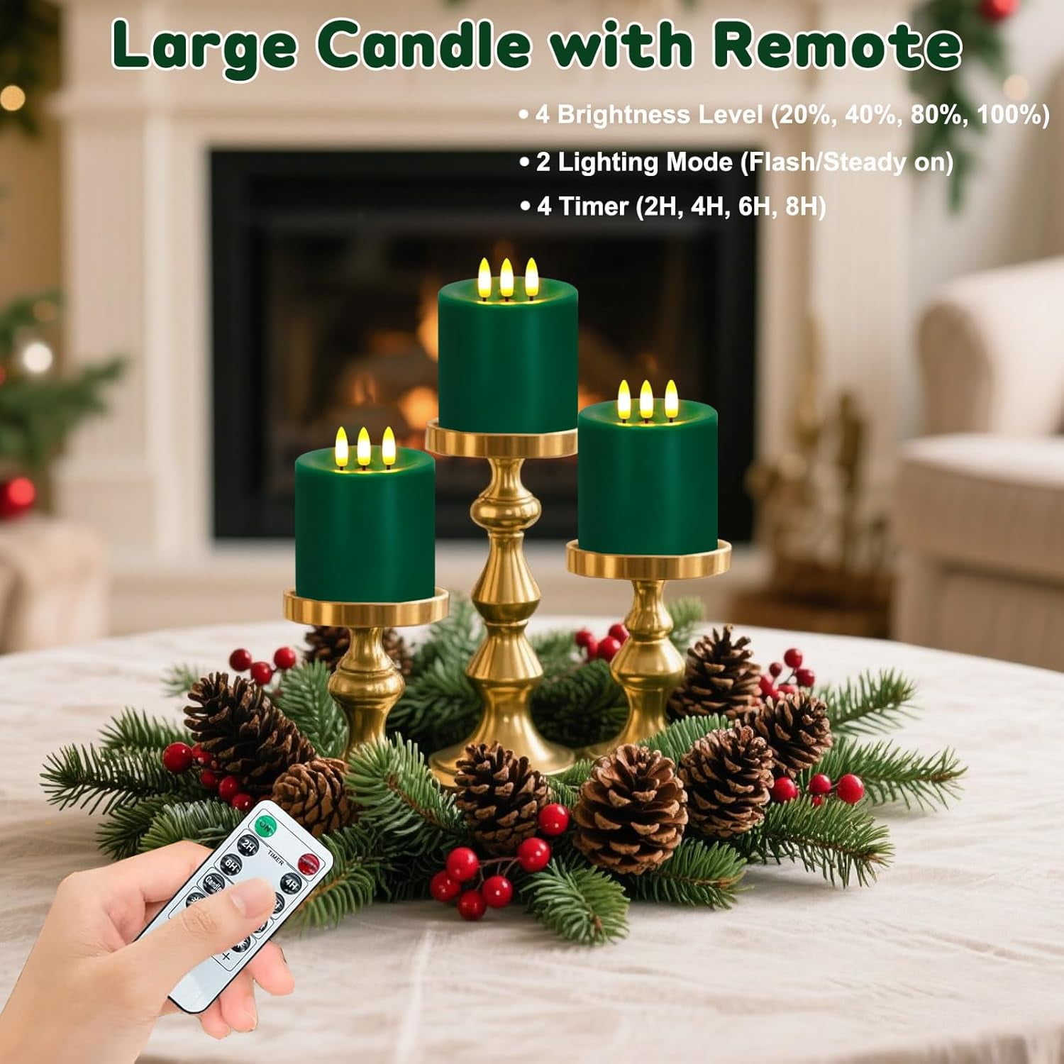 3 Wick Flameless Candles Set of 2, 4"x4" Flickering Large Flameless Candles with Remote & Timer, Dimmable Real Wax Electric Pillar Candles Battery Operated, LED Candles for Home Christmas Decor