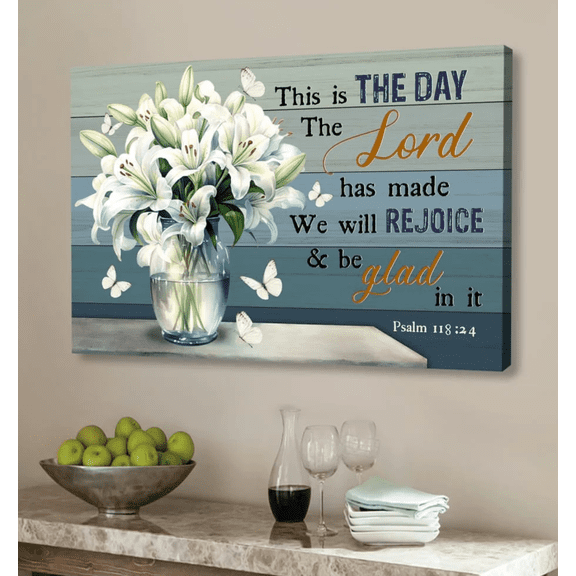 Psalm 118:24 White Lily Christian Framed Canvas Wall Art Decor, Bible Verse Canvas Print Artwork, Inspirational Religious Home Decor for Office Living Room Bedroom, Christian Faith Gift Décor