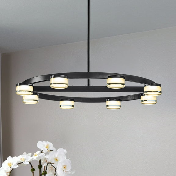 8-Light 32 in. Modern Contemporary Circle Integrated LED Chandelier in Matte Black with Frosted Acrylic Shade