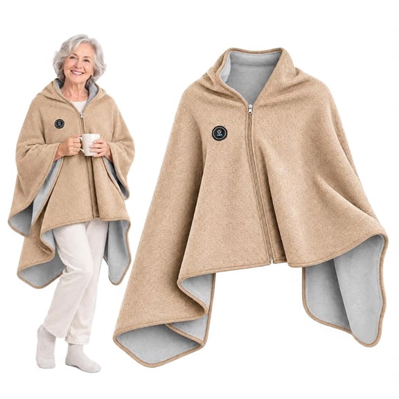 USB Heated Shawl Wrap, 3 Heat Settings Zip-Front Wearable Blanket for Home, Office and Travel