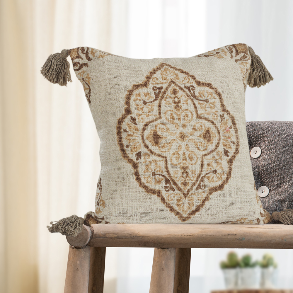 LR Home Antique Medallion Floral Tassels Cotton Decorative Throw Pillow