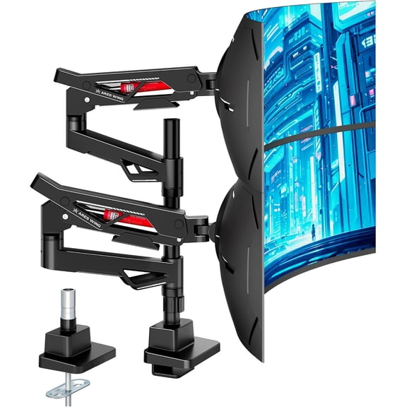 ARES WING Dual Monitor Arm for 24–57"Ultrawide Screens, Heavy Duty Gas Spring Dual Monitor Mount Holds 60 lb per Screen, Fully Adjustable Tilt, Swivel & Rotation, VESA 75x75–200x200, Clamp & Gromme