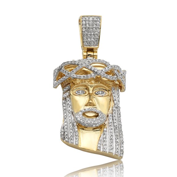 LOVEBLING 10K Yellow Gold 0.50ctw (carats) Diamond Jesus Head Pendant Charm [Square Bail] (1.58" x 0.74")