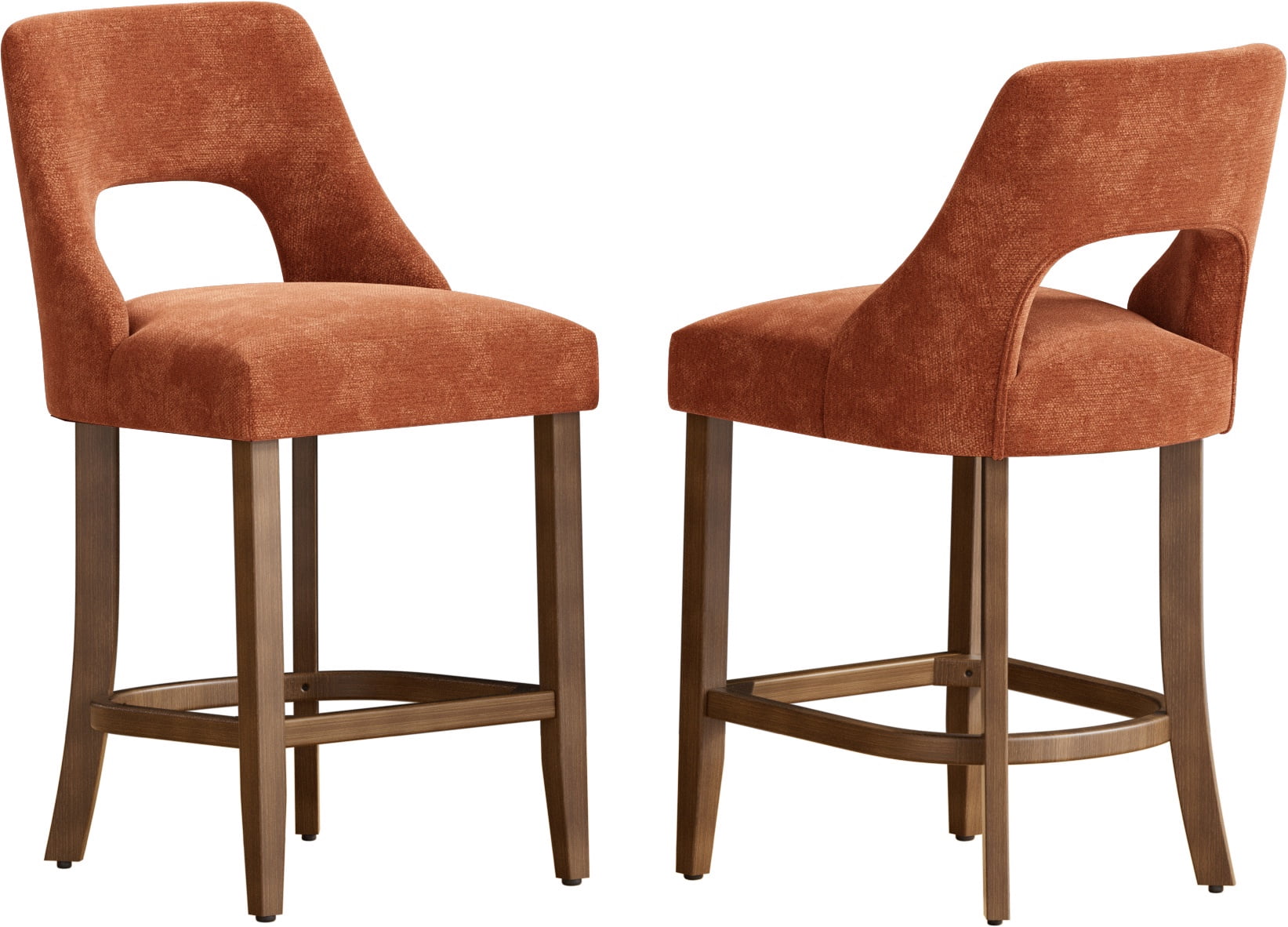 PORKISS 26" Bar Stools Set of 2, Upholstered Kitchen Island Stools with Hollow Back, Mid-Century Counter Stools with Wood Legs Footrest, Orange