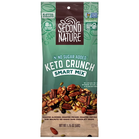 Second Nature Keto Crunch Smart Snack Mix, 1.75 oz Individual Snack Packs (Pack of 12) - Keto Gluten Free Snack - No Sugar Added Dark Chocolaty Drops and Nut Trail Mix, Ideal for Travel Snacks