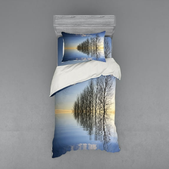 Ambesonne Winter Bedding Set 3 Pcs, Frozen Lake in Nature, Twin, Blue Brown