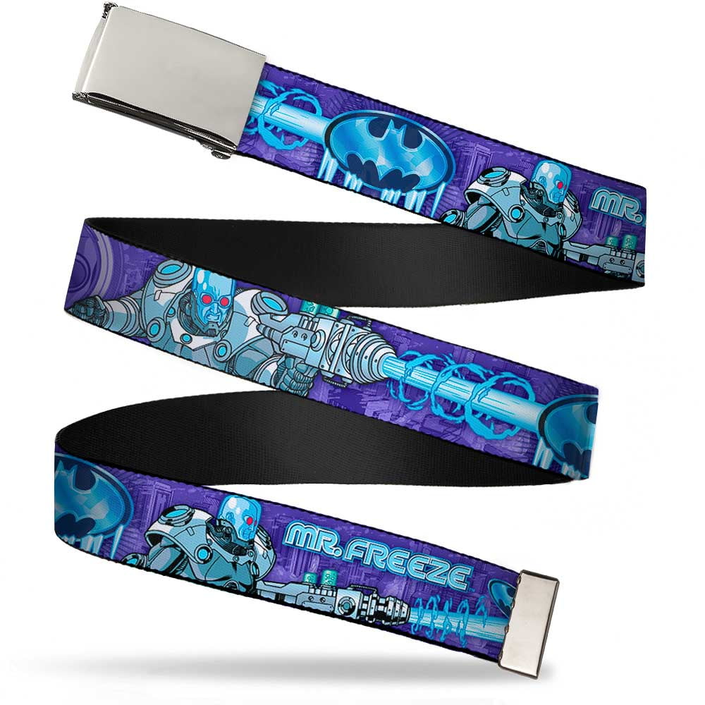 Adjustable Belt, Clamp Buckle, Cut-to-Fit, Mr Freeze Poses Frozen Batman Shield Purples Blues
