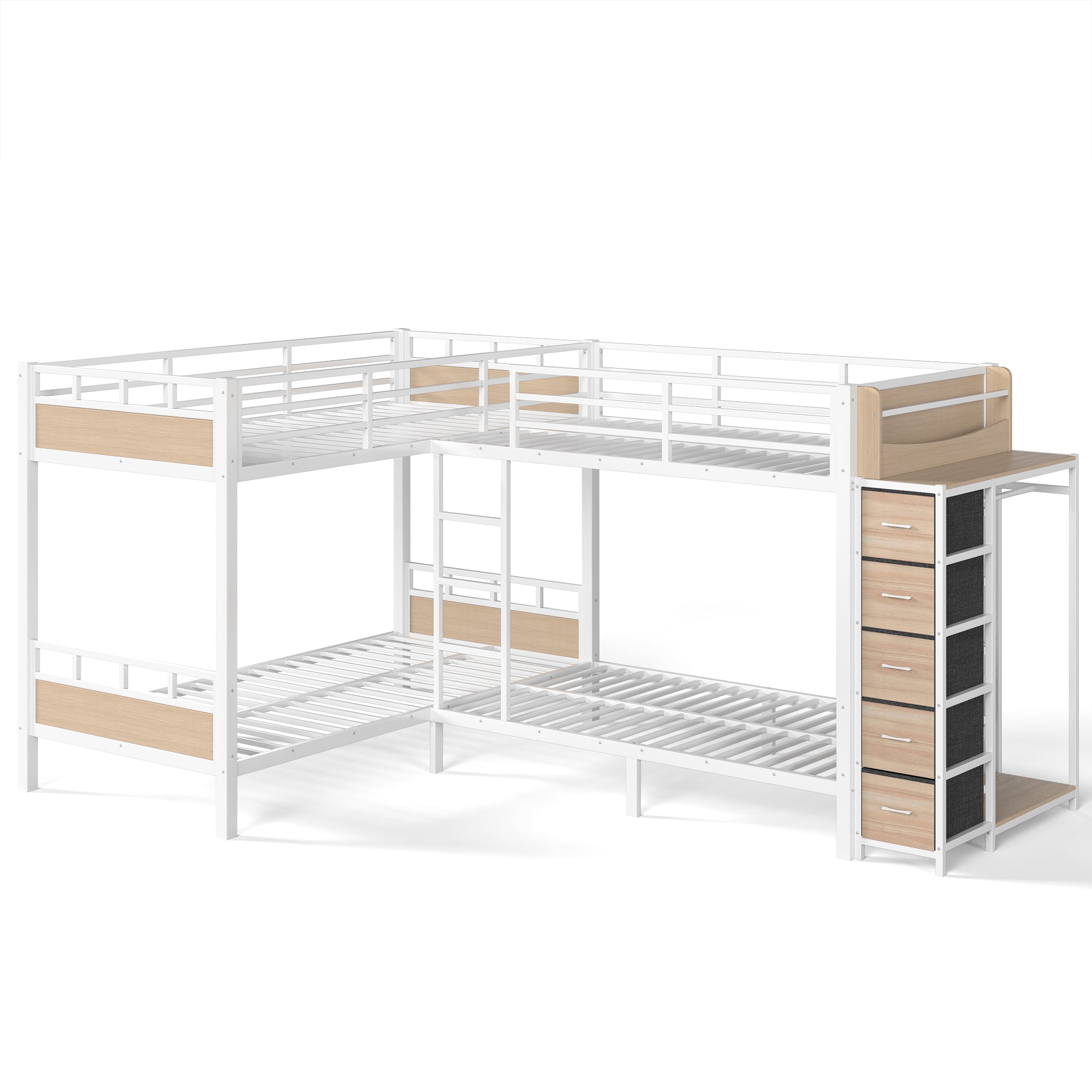 GARITIN Quad Twin Metal Bunk Bed 129.53 Inch, 4 Twin Bed Frame with Storage Drawers and Wardrobe for Kids Room, White