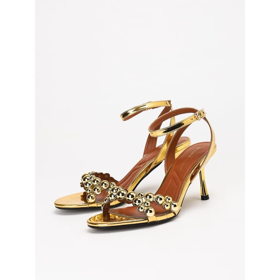 On feet & in love Women's Metallic Open Toe Stiletto Sandals - Ankle Strap Dress Heels with Beaded Embellishments and Adjustable Buckle,Gold