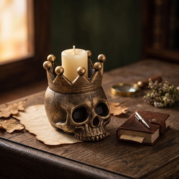 Qocolcyl Crown Skull Resin Candle Holder,Vintage Gothic Skull Candlestick, Indoor Outdoor Halloween Decorations, Spooky Tabletop Candle Stand for Mantel Desk Halloween Party Housewarming Holiday Gift