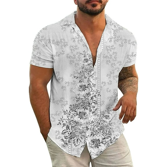 FBMDBB Button Down Shirts for Men Hawaii Shirts Short Sleeve Regular Fit Cotton Beach Shirts Printed Palmshadow Clothing