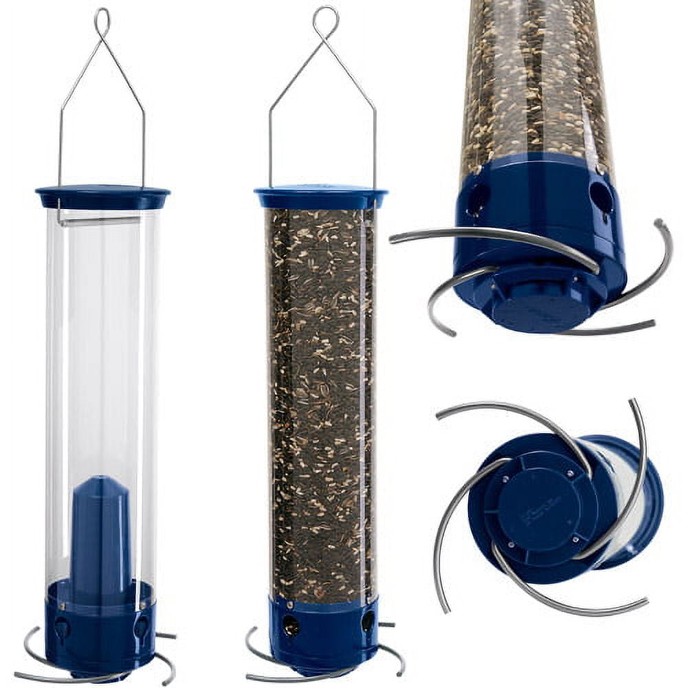 Droll Yankees Squirrel Proof Bird Feeders for Outdoors - Whipper, Collapsible Perches, 5-Pound Seed Capacity, Blue