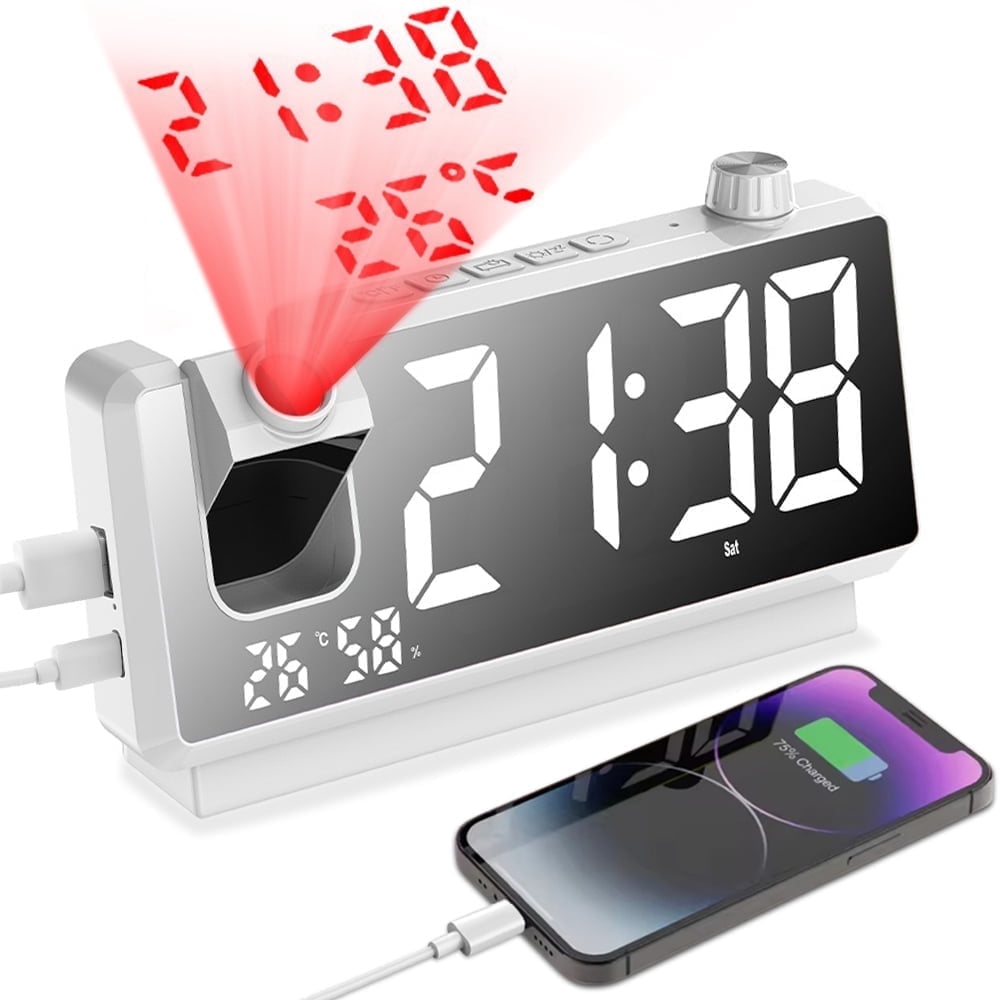 Digital Projection Alarm Clock for Bedroom, 4 Level Dimmer, Dual Alarms, USB Charger Ports - 2 fc 9