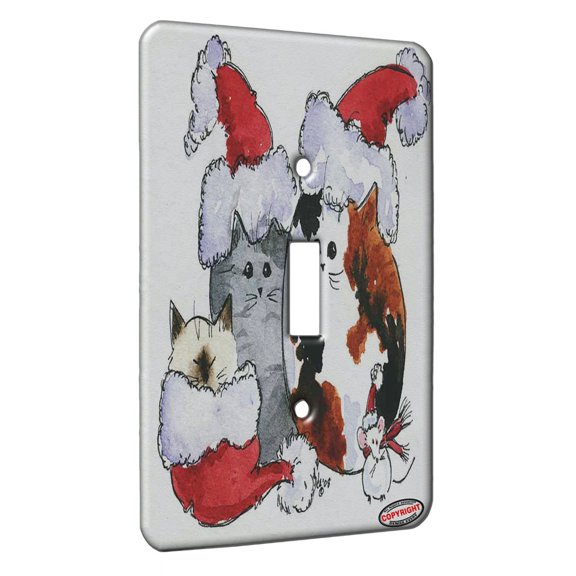 KuzmarK™ Single Gang Toggle Switch Wall Plate - Three Christmas Kitties and Mouse in Santa Hats Cat Art by Denise Every