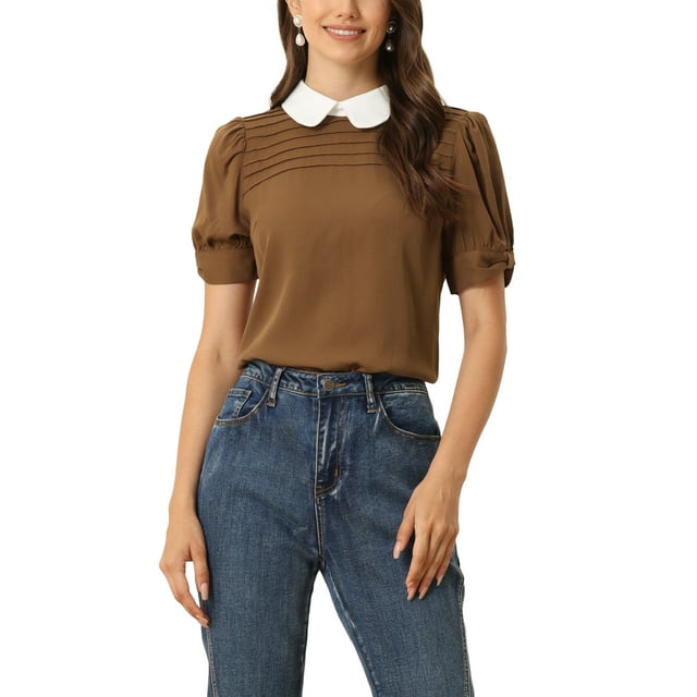 INSPIRE CHIC Blouse Plissée à Manches Courtes Bouffantes pour Femme à Col Peter Pan Contrastant Brun Foncé TG