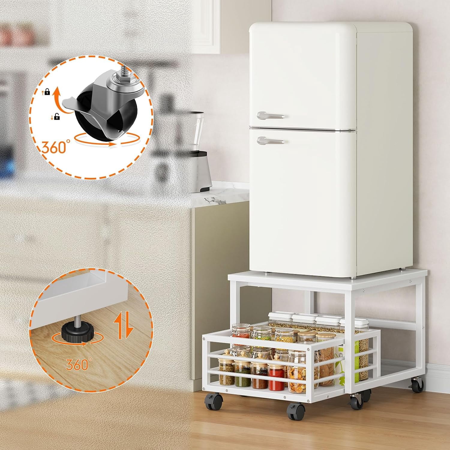 Mini Fridge Stand with Movable Storage Basket, Mini Fridge Cabinet with Wheels and Adjustable Feet, Sturdy Metal Frame, for Home, Apartment,Office, Dorm