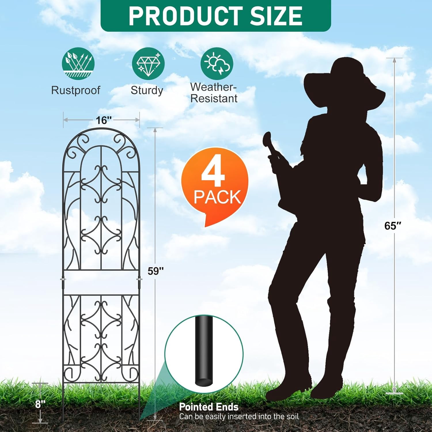 4-Pack 59-Inch Metal Garden Trellis for Climbing Plants, Large Decorative Outdoor Support for Vegetable Flower Rose Vine Cucumber, Black