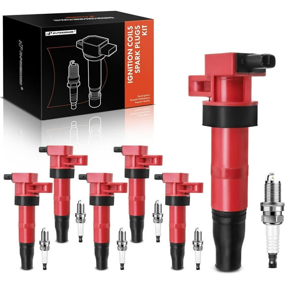 A-Premium Set of 6 (Red) Ignition Coil Pack and Iridium Spark Plugs Compatible with Hyundai Sonata 2006-2010, Santa Fe 2007-2009 & Kia Optima 2006-2008