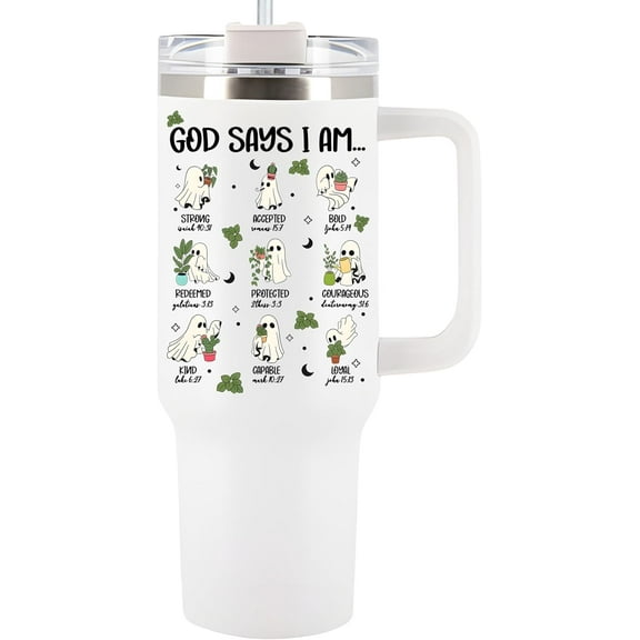 God Says I Am Tumbler 40Oz With Handle, Boo And Plant Spirit Gift For Plant Lover, Women, Men, Sister Cute Ghost Gift Halloween Kitchen Decor, Crazy Plant Gift For Plant Lover, Gardener, Friends