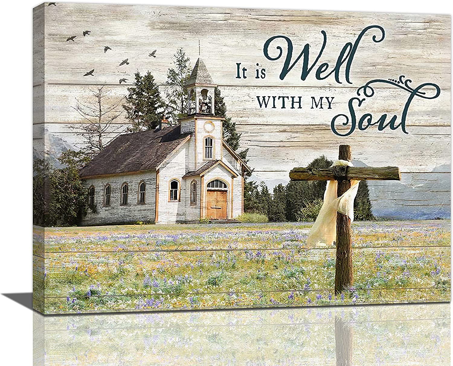 Country Church Wall Art Vintage Christian Church Cross Flower Field  Pictures Wall Decor Framed Painting Canvas Print Rustic Religion Faith Home  Artwork Decor for Bedroom Living Room 16"x12"