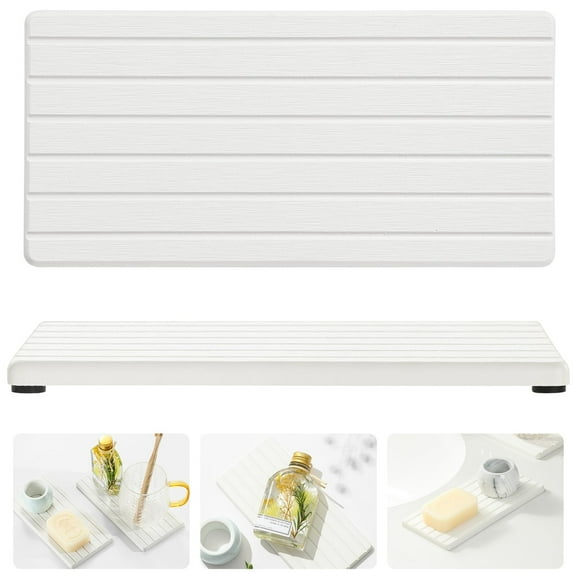 2PCS Diatomite Stone Sink Tray Organizer, Quick Dry Soap Sponge Holder for Bathroom Vanity & Kitchen Counter, Non-Slip Faucet Dr, White 8"x3.8"