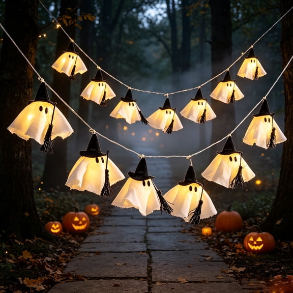 QLUEWX LED Fabric Witch Ghost String Lights, 6 Pack Light Up Ghost Garland with Witch Hat & Broom, Halloween Indoor Outdoor Hanging Fairy Lights for Window Mantel Party Decor & Gift