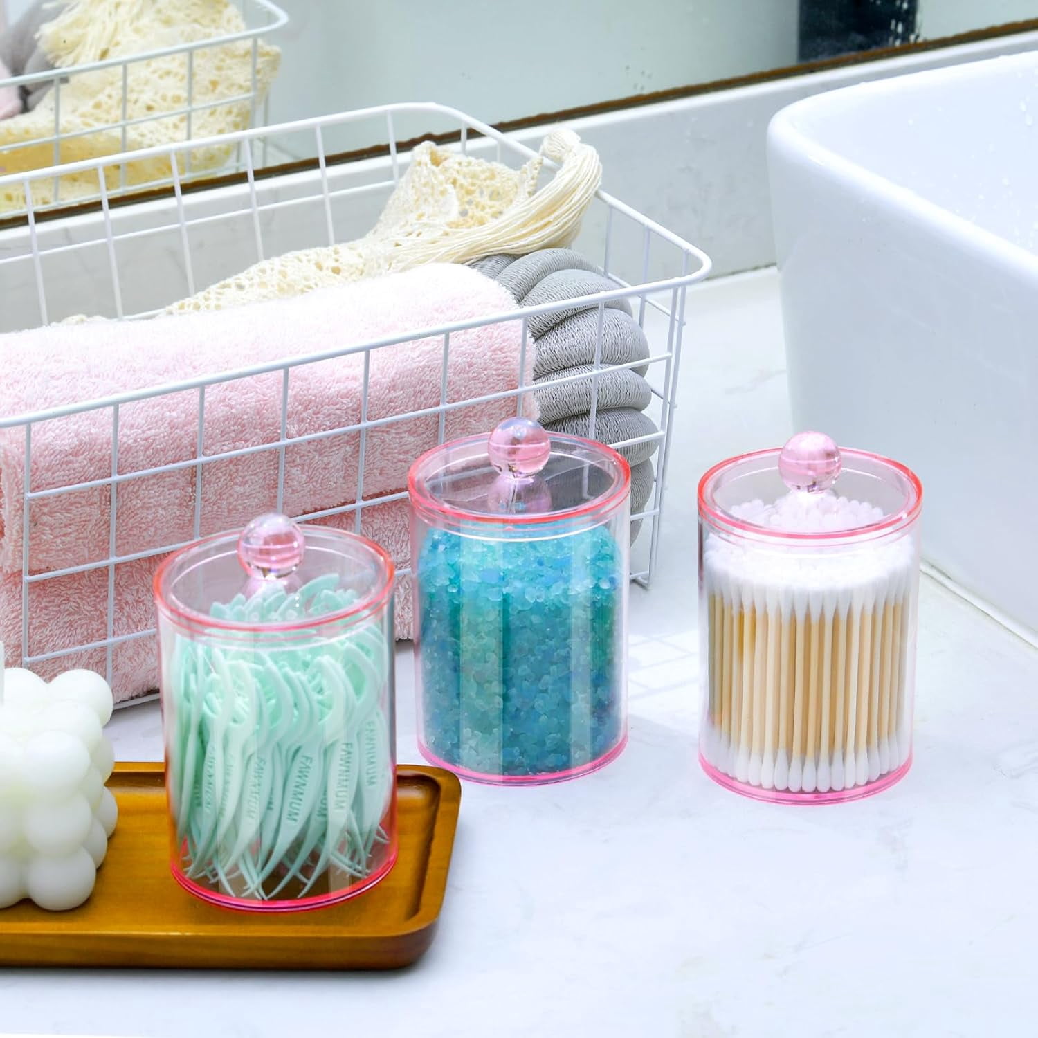 Kiibsot 2 Pack/ 4Pack Qtips Holder, Canister Apothecary Jar Set, Bathroom Jars with Lids Set for Cotton Swabs, Balls, Pads, Floss Picks,10oz-12oz Plastic Canisters Restroom Bedroom Vanity Organizer