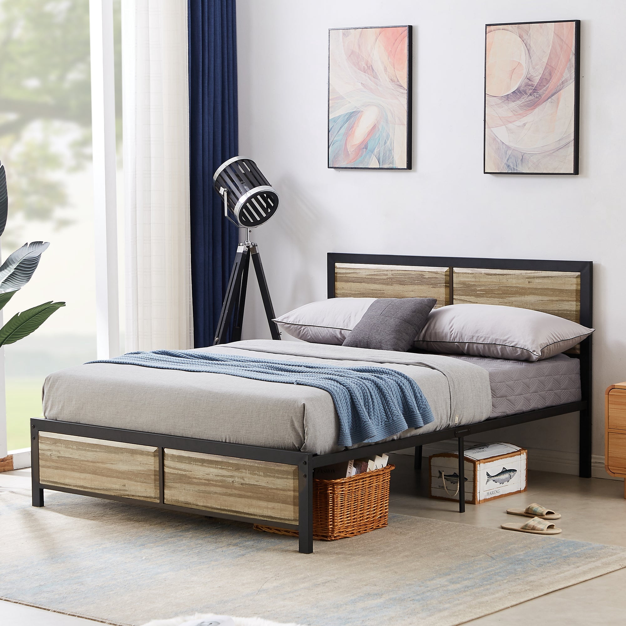 VECELO 4-Piece Full Size Bedroom Set with Bed Frame & 5-Drawer Dresser & Two Nightstands, Gray