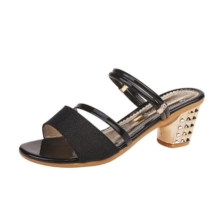 

Chunky Heeled Sandals for Women Sequin Sparkle Slides Mules Fashion Summer Casual Adjustable Strap Open Toe Dress Slippers