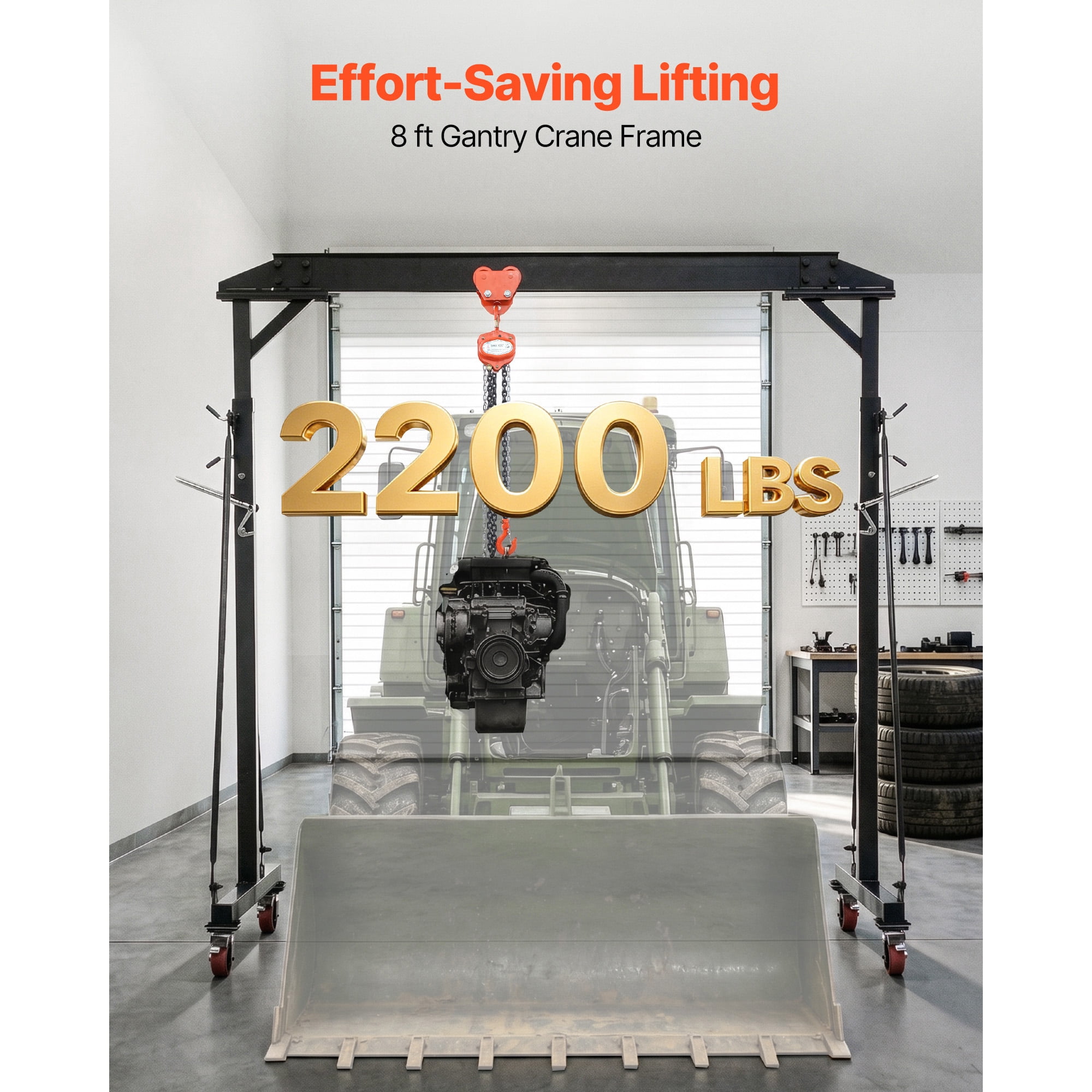KFFKFF Adjustable Gantry Crane, 2200 lbs Load Capacity, Portable Shop Hoist with Adjustable Height Range of 95.7" to 142.9", Lockable Wheels, Durable Steel Frame for Workshops, Warehouses