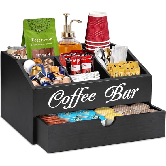 Eastsign Wooden Coffee Bar Organizer with Drawer, 5-Compartment Farmhouse Coffee Station
