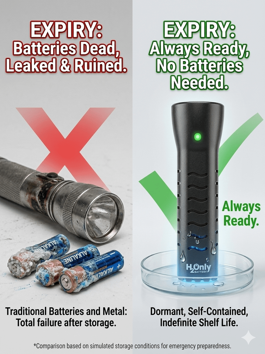 H2OnlyBattery Flashlight - No Batteries Needed - Water Powered (or Any Liquid)- No Expiration Date - 67 Lumens, Emergency Light - Last up to 1500 Hours (Black)