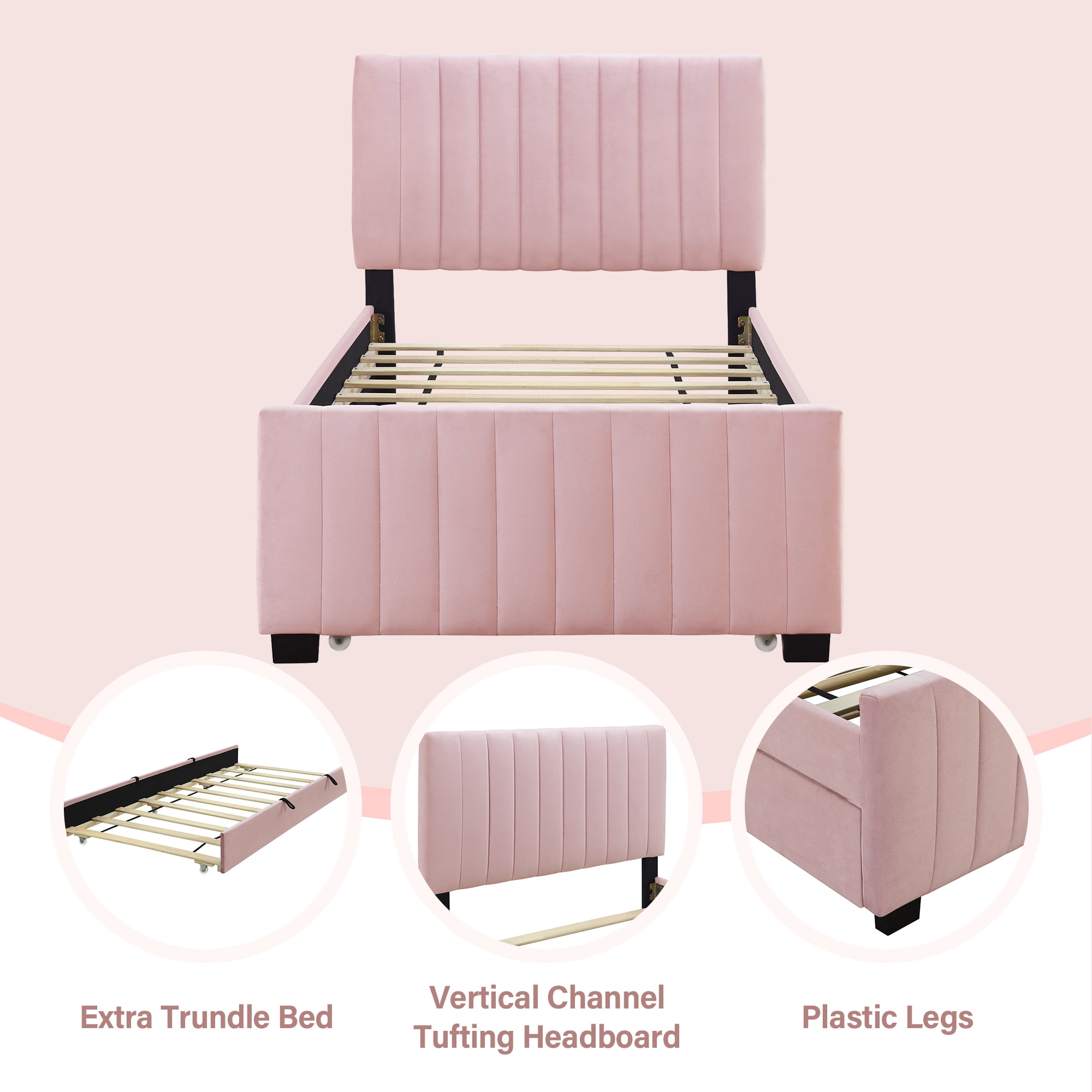 Aukfa Twin Size Upholstered Platform Bed Frame with Twin Size Trundle for Bedroom,Guestroom, Pink