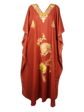 Mogul Women Red Kaftan Maxi Dress Loose Floral Embroidery Kimono Sleeves Resort Wear Beach Cover Up Housedress 4XL