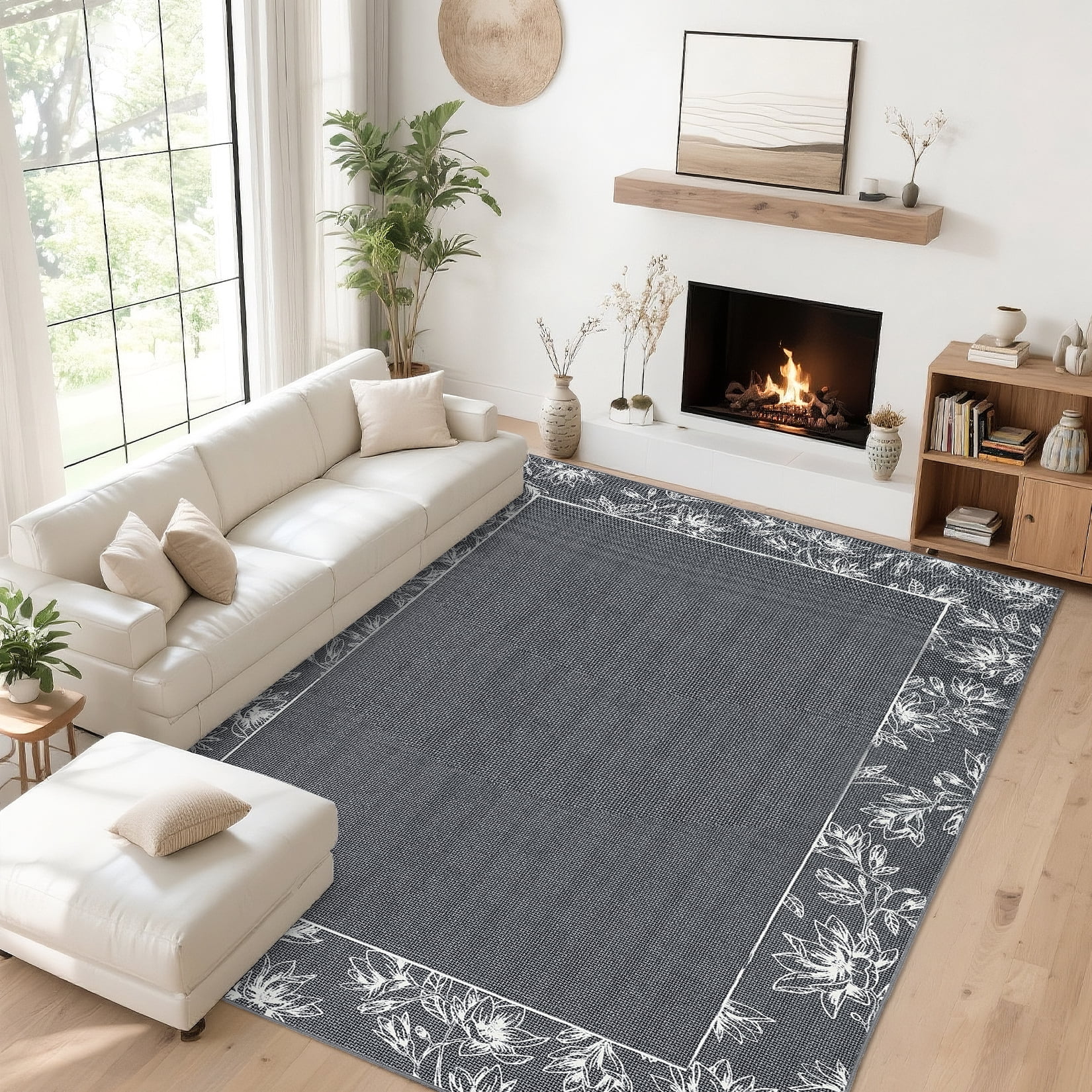 Garvee 9'x12' Solid Floral Area Rugs Modern Bordered Washable Rugs, Soft Non Slip Carpet Low Pile Rug for Living Room Bedroom Home Decor, Dark Gray