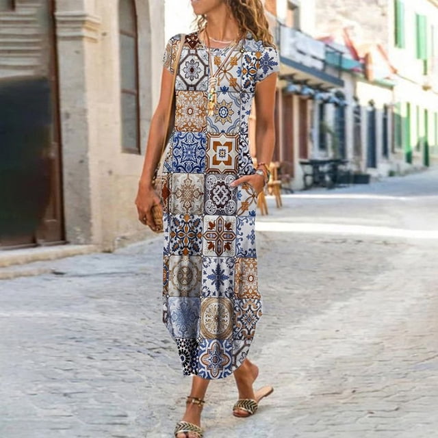 Robes Longues Bohèmes à Imprimé Floral pour Femmes Été Col Rond Manches Courtes Poches Robe Femme Vintage Décontractée Maxi Robes de Soirée