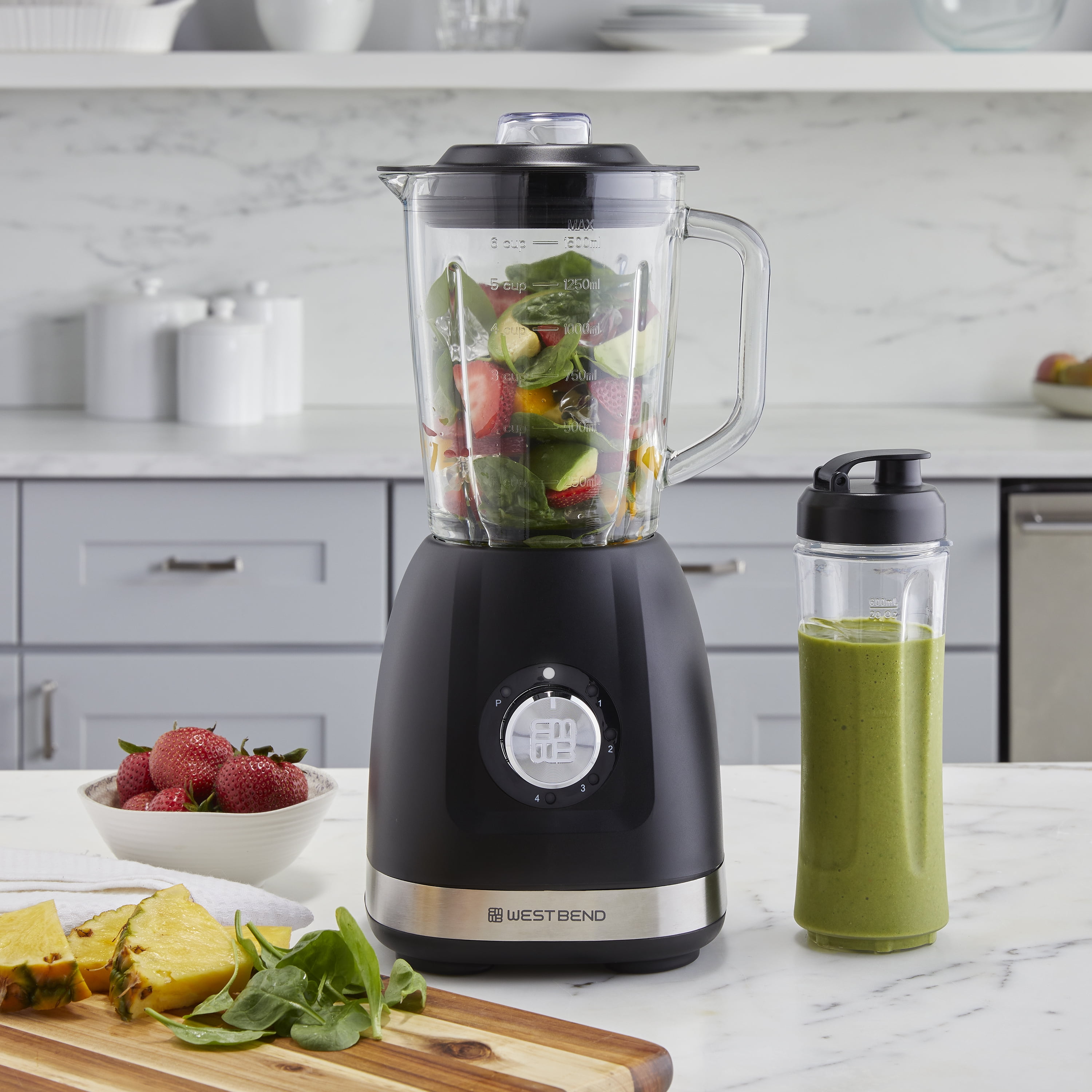 West Bend Multi-Function Blender, 48 oz Glass Jar, with Travel Cup, in Black