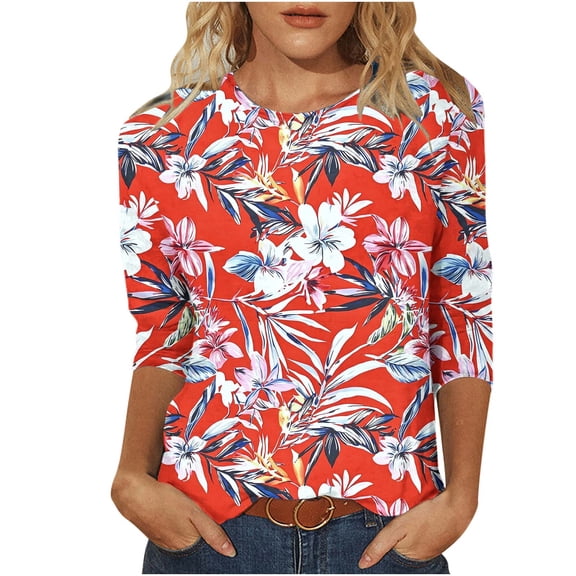 Staron Women's Hawaiian Print T-Shirt Casual Loose 3/4 Sleeve Round Neck Pullover Top Spring Summer Vacation Beach Party, Red M