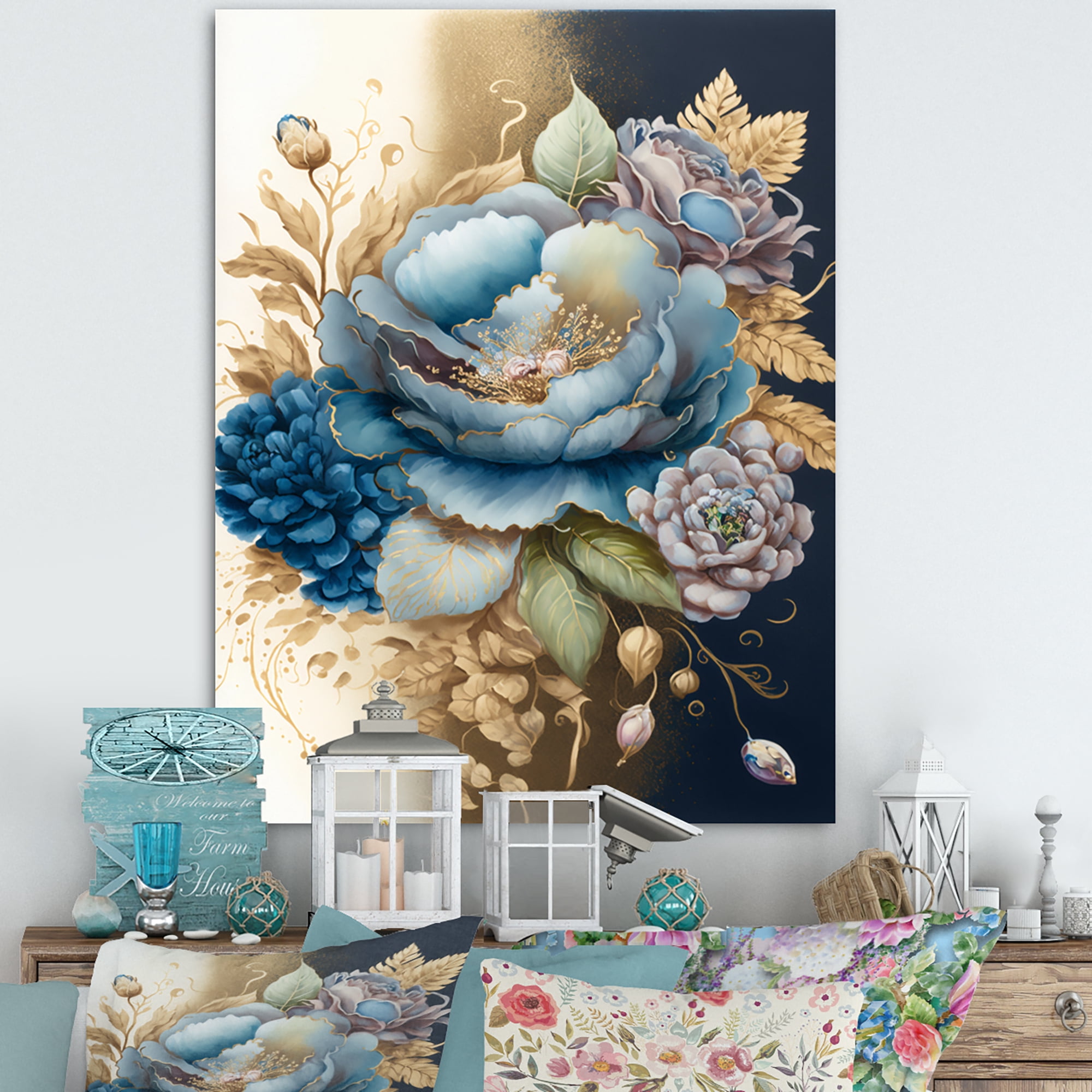 Designart Blue And Gold Mixed Floral Bouquet III Canvas Wall Art