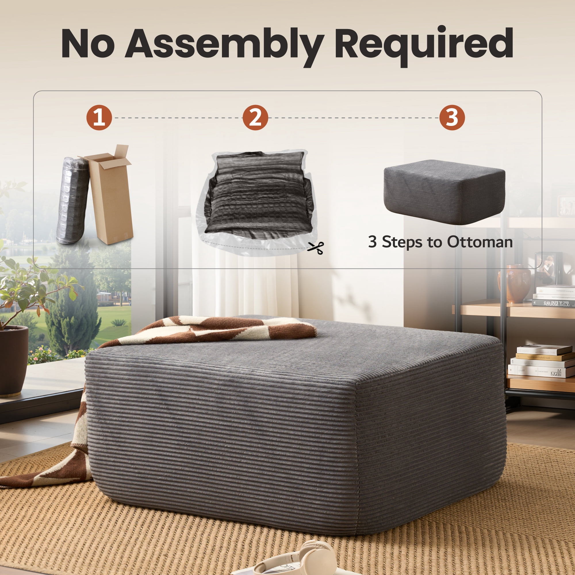 Ovios Oversized Ottoman Footrest for Sofa Large Corduroy Pouf Ottoman Coffee Table Rectangle Floor Bench Extra Seating for Living Room, No Assembly, Gray