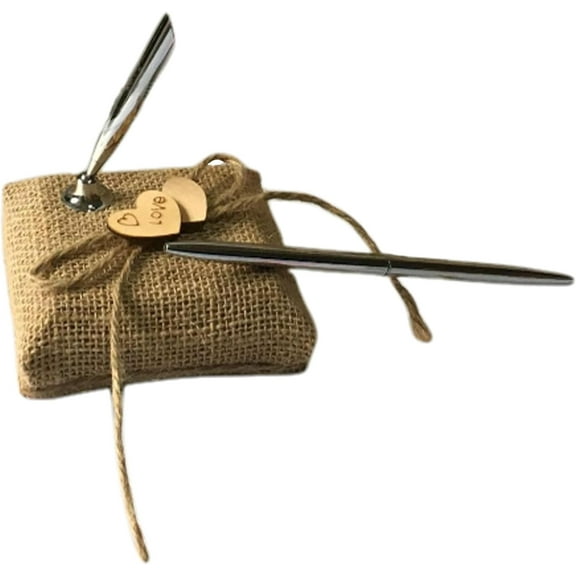 Rustic Wedding Guest Book Pen: Vintage Burlap Reception Wedding Pen with Stand, Wooden Hearts Embellished Guest Book Pen Holder for Wedding Ceremony Party Reception